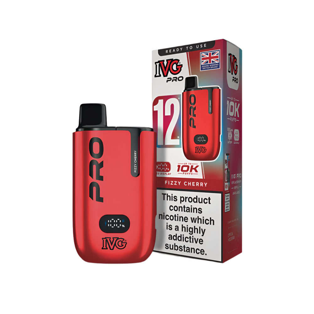 Red IVG Pro vaping device and packaging on a light gray background