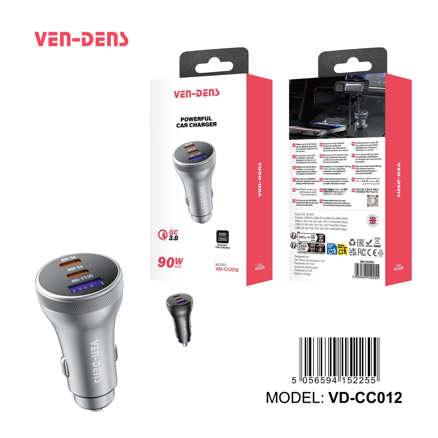 3 Port 90 Watt Powerful Car Charger